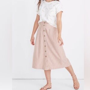 Madewell Skirt Womens SZ 8 Red Cream Stripe Button Front A-Line Midi Pockets